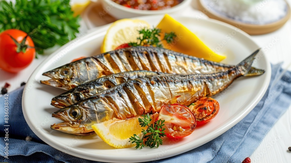Fried short mackerel fish on white dish. Generative Ai Fried short mackerel fish on white dish. Generative Ai