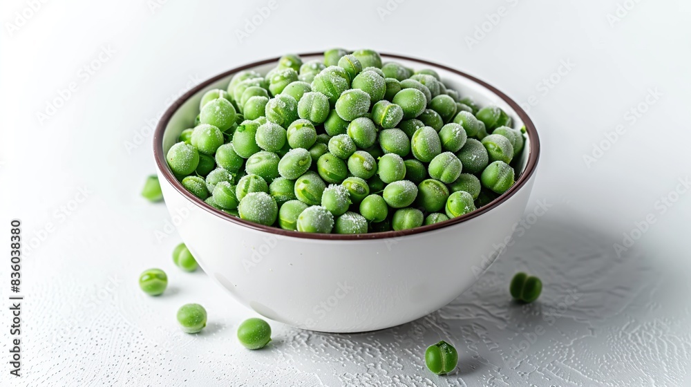 Frozen peas in bowl isolated on white. Vegetable preservation. Generative Ai Frozen peas in bowl isolated on white. Vegetable preservation. Generative Ai