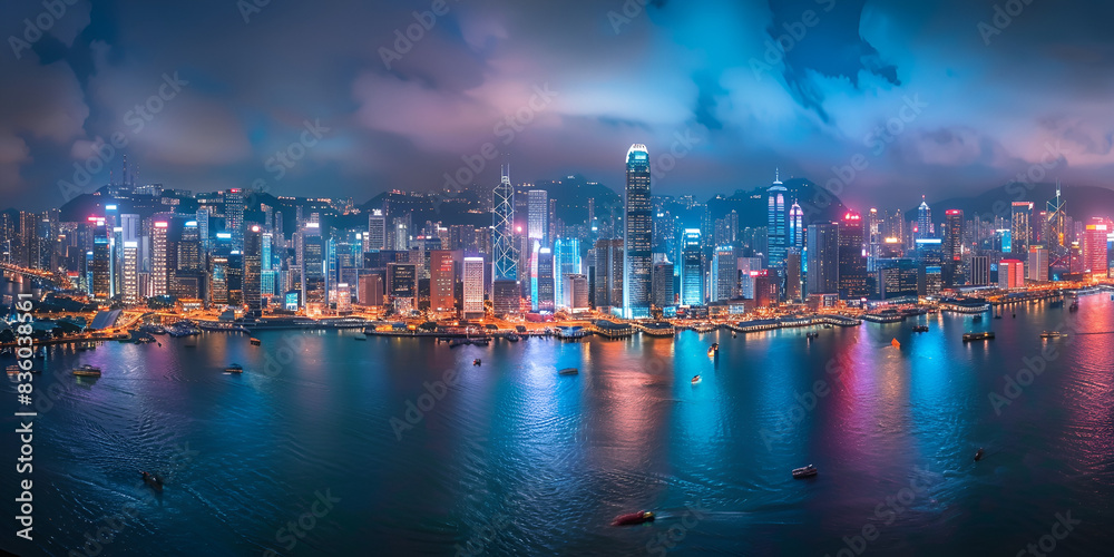 Fototapeta premium Vibrant Cityscape at Night | Stunning Skyline with Reflected Lights on Water | Nighttime City View | Illuminated Urban Skyline with Colorful Reflections