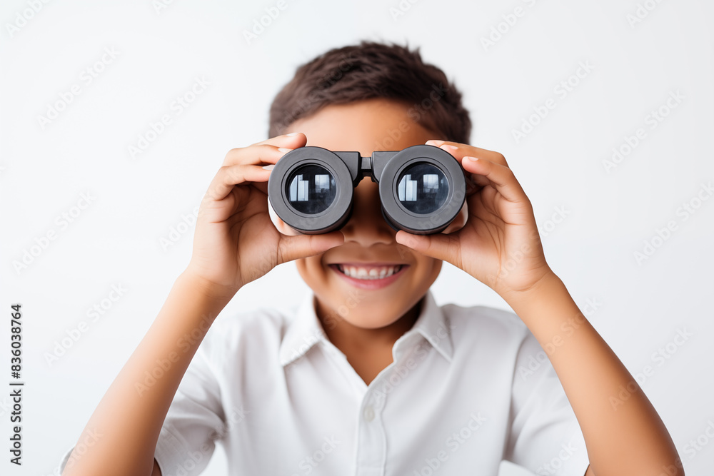 A young surprised smiling boy in white clothes looks into binoculars, on a white background. Searching and exploring with a joyful expression. Generative AI A young surprised smiling boy in white clothes looks into binoculars, on a white background. Searching and exploring with a joyful expression. Generative AI