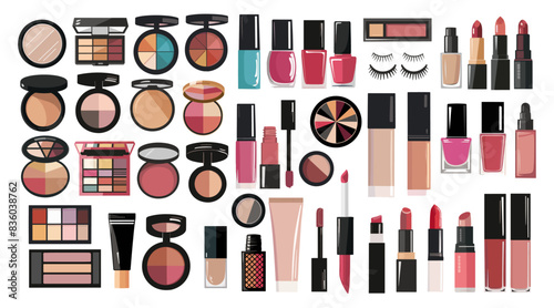 Makeup decorative cosmetics set. Beauty products, make-up items. Lipstick, mascara, compact powder, shadows, blusher, lip balm, nail polish. Flat vector illustrations on transparent background