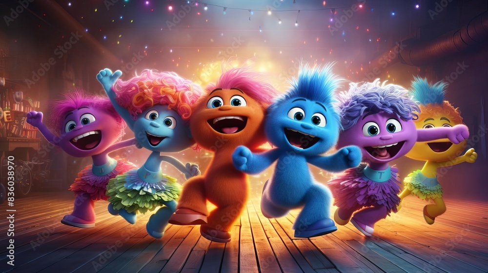 Group of six colorful animated characters smiling and dancing on a stage. Group of six colorful animated characters smiling and dancing on a stage.