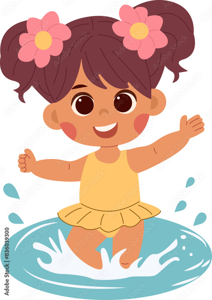 Cute cartoon little girl with dark hair in a yellow swimsuit playing in the water on a white background isolated. Print for tshirt for kids.Concept vector illustration Cute cartoon little girl with dark hair in a yellow swimsuit playing in the water on a white background isolated. Print for tshirt for kids.Concept vector illustration
