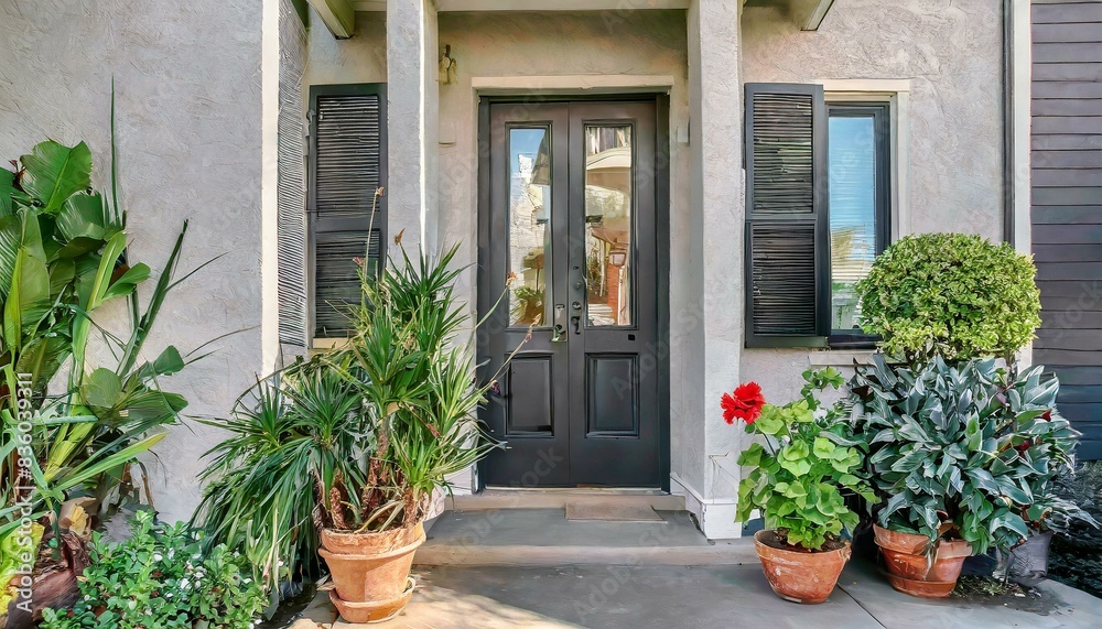 A front door of a house with a black door and potted plants with residential architechure A front door of a house with a black door and potted plants with residential architechure