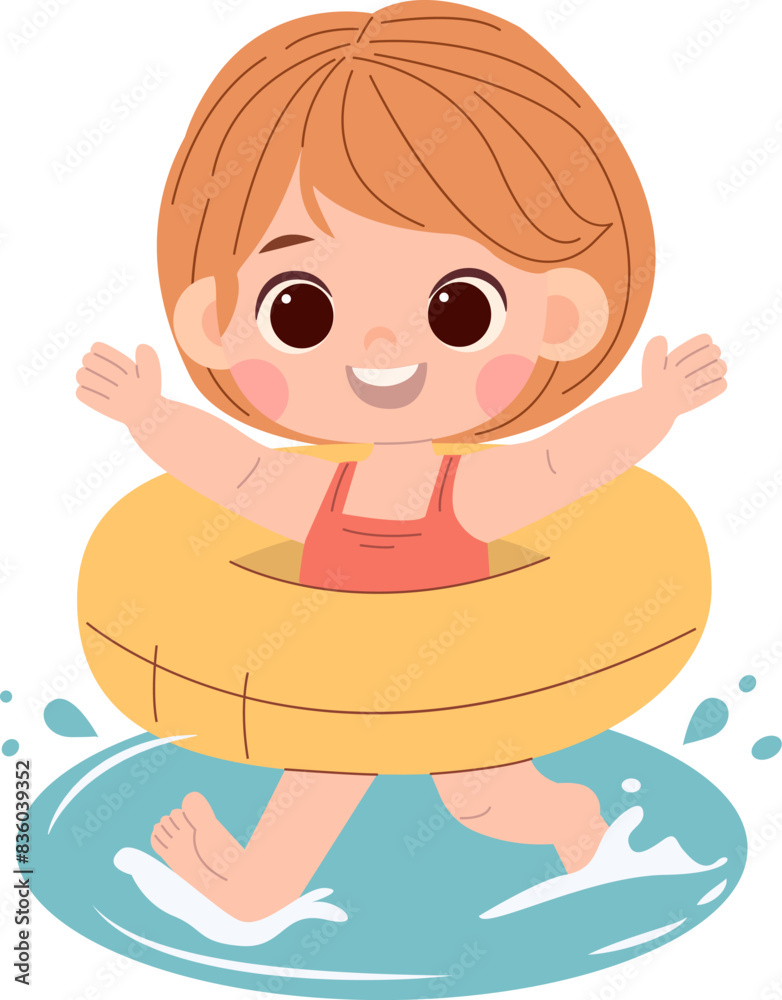 Cute cartoon little girl with a floating ring in a red swimsuit playing in the water on a white background, isolated. Print for tshirt for kids. Concept vector illustration Cute cartoon little girl with a floating ring in a red swimsuit playing in the water on a white background, isolated. Print for tshirt for kids. Concept vector illustration