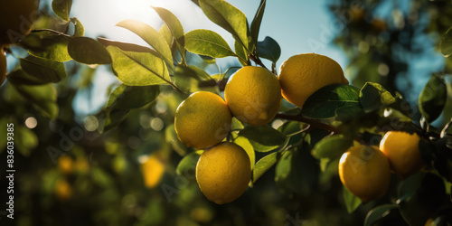 Ripe Lemons hanging on a lemon tree in orchard  close up. Fresh juicy lemons on a lemon tree branches