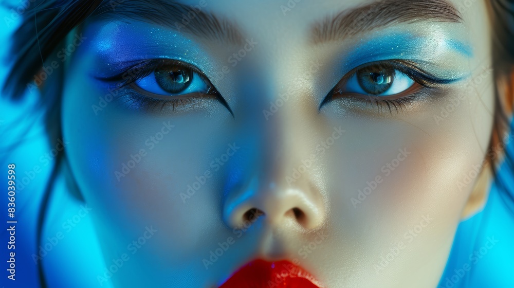 Young Japan woman with beautiful bright brown eyes with shining blue shadows, beige lipstick and expressive eyebrows, pitted look of colored paper, fashion, beauty, make-up, cosmetics, salon style Young Japan woman with beautiful bright brown eyes with shining blue shadows, beige lipstick and expressive eyebrows, pitted look of colored paper, fashion, beauty, make-up, cosmetics, salon style