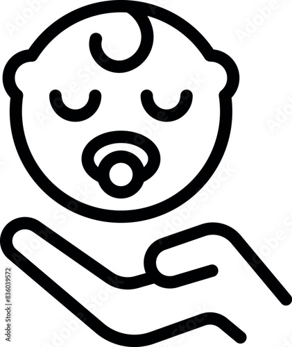 A simple black and white icon representing newborn care with a baby and hand