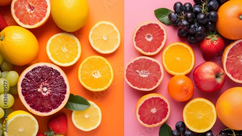 Assorted fruits including oranges  grapefruits  lemons  apples  grapes  and berries on a dual-tone background