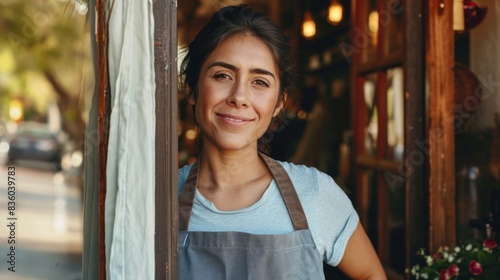 Portrait of a happy owner standing at the door of cefe shop, a cheerful adult waiter waiting for customers at a coffee shop, successful small business owner, professional, service photo