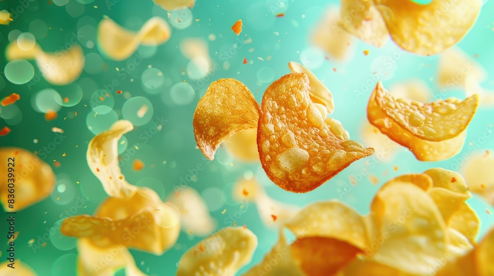 Potato chips floating against a green background with a splash of color, highlighting their appeal.