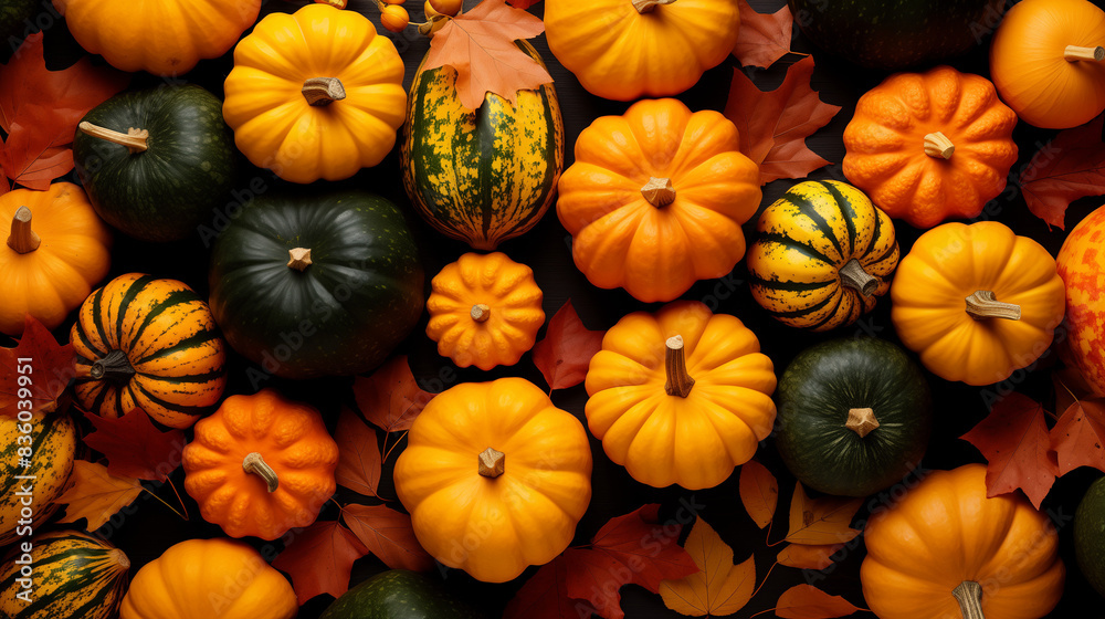 A vibrant display of pumpkins and gourds, arranged in an autumnal pattern on leaves, creates a festive fall background. A vibrant display of pumpkins and gourds, arranged in an autumnal pattern on leaves, creates a festive fall background.