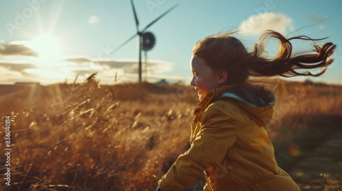 Little girl and child running in front of windmill, renewable energy and sustainable resource windmill. Child playing, environment, electricity, technology, generator, power