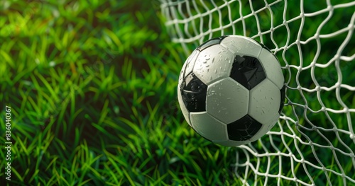 A soccer ball and a net on a soccer field