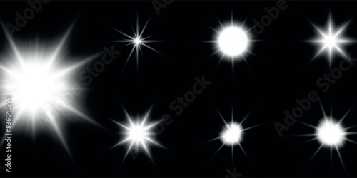 Glowing light bursts with sparkles. Glow light effect set, lens flare, explosion, glitter, line, sun flash, spark and star. Abstract image of lighting flare and white stars