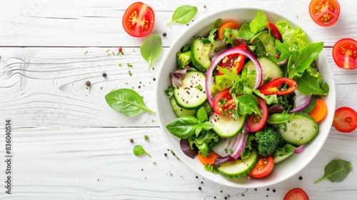 Bowl of fresh vegetable salad on a white wooden table promoting a healthy eating lifestyle