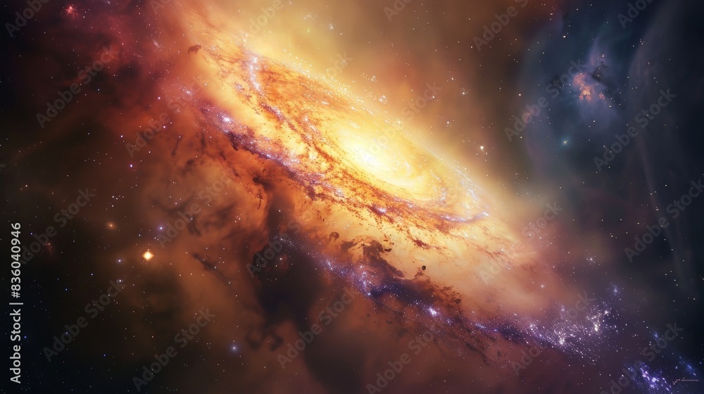 Obraz premium A serene depiction of a galaxy core, with calm center contrasted by violent beauty of star formation and destruction at its edges, illustrating cosmic life cycles.