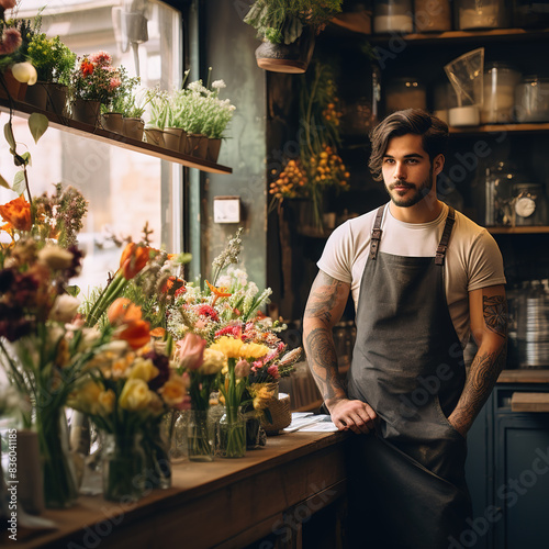 Handsome florist making bouquets in flower shop photo