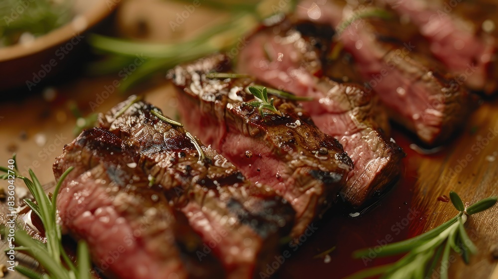 Sliced steak revealing a rare, juicy inside, garnished with rosemary and juices. Sliced steak revealing a rare, juicy inside, garnished with rosemary and juices.