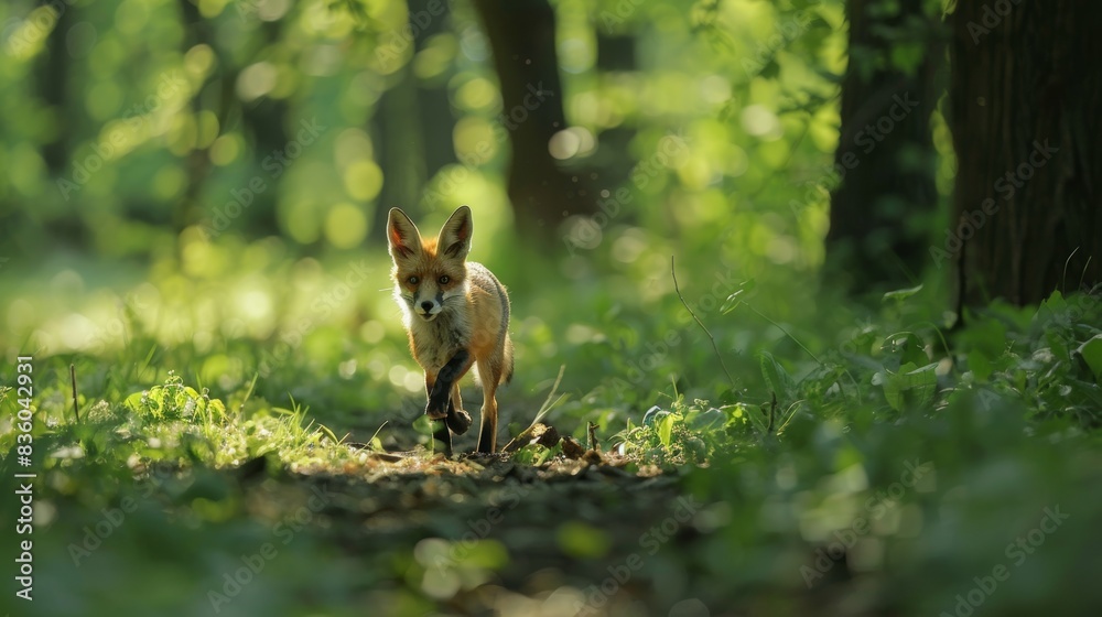 Obraz premium Fox runs in the morning forest. Light photo with high resolution