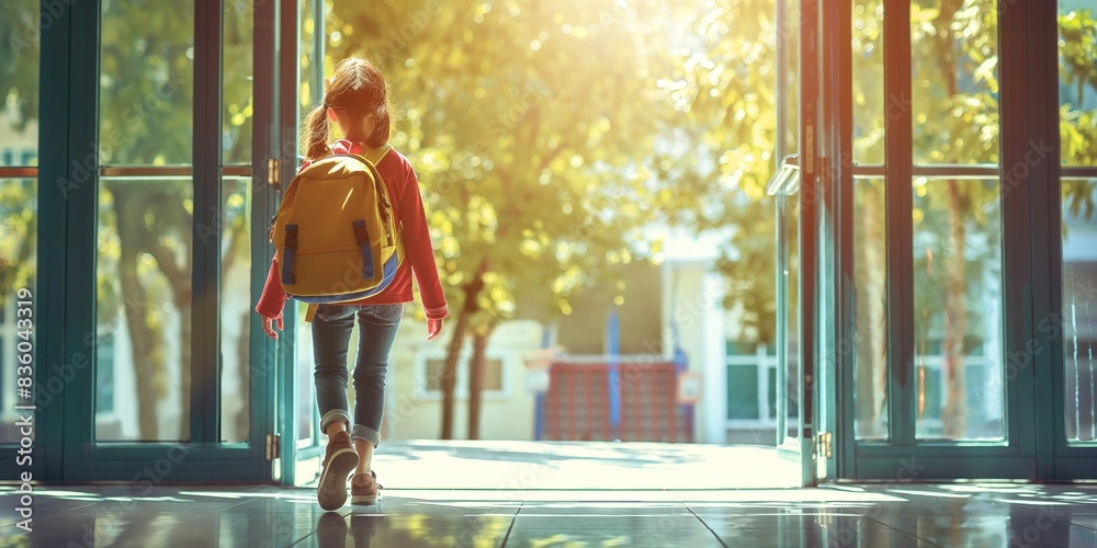 A girl with a yellow backpack walks into a sunlit entrance, representing the journey of growth and learning on a bright and hopeful day filled with opportunities. A girl with a yellow backpack walks into a sunlit entrance, representing the journey of growth and learning on a bright and hopeful day filled with opportunities.