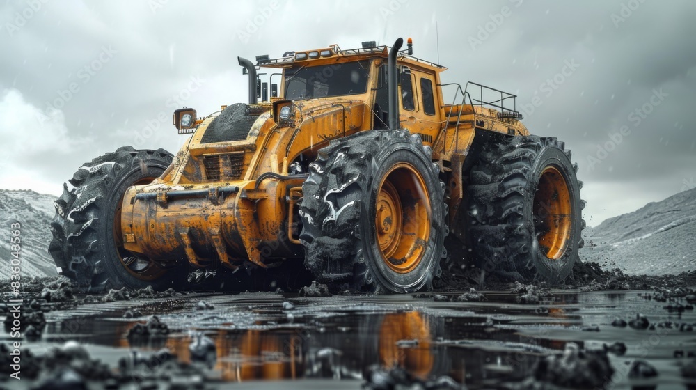 The giant yellow tractor is standing in the mud. It has huge wheels and looks very powerful. The giant yellow tractor is standing in the mud. It has huge wheels and looks very powerful.