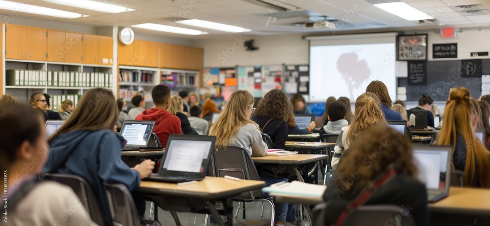 A classroom filled with students attentively using laptops for educational purposes, featuring a whiteboard and various educational materials on study desks and shelves. A classroom filled with students attentively using laptops for educational purposes, featuring a whiteboard and various educational materials on study desks and shelves.