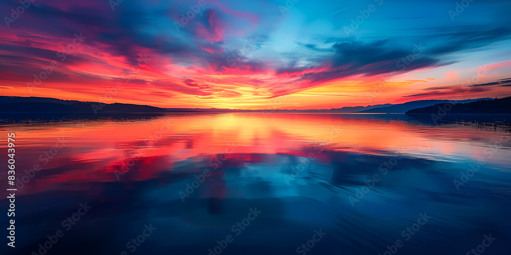 Fototapeta premium Vibrant Sunset Over Calm Lake | Colorful Sky Reflected in Tranquil Lake Waters | Spectacular Sunset Reflection on Lake | Beautiful Colorful Sunset Over Calm Waters