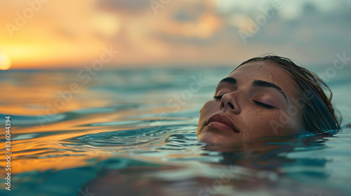 Peaceful woman floats on water  her face bathed in the golden sunset light
