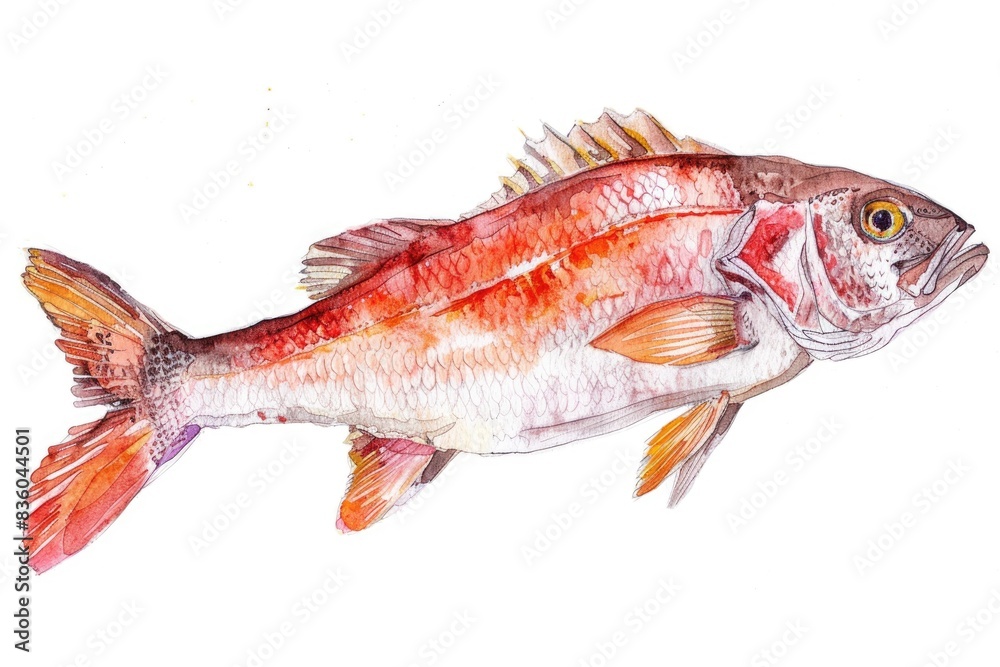 Fototapeta premium Artisanal Watercolor Illustration of Fresh Sea Bass - Culinary Delight on White Background