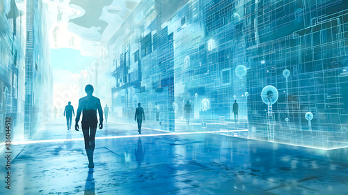 Futuristic Digital Cityscape with Silhouetted Figures Walking in a High-Tech Environment, Featuring Blue and White Hues, Abstract Architecture, and a Sense of Innovation and Technology