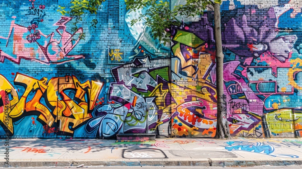 Obraz premium A vibrant urban graffiti wall bursting with colors and expressive designs, capturing the raw energy and creativity of street art.