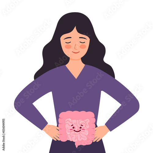 Cute woman with happy healthy intestine inside vector illustration on white background.