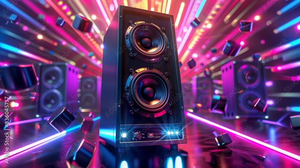 Black speaker with dual woofers and LED lights in a vibrant, neon-lit environment with colorful lights and reflections, emphasizing music and entertainment. Concept of sound technology, party atmosphe Black speaker with dual woofers and LED lights in a vibrant, neon-lit environment with colorful lights and reflections, emphasizing music and entertainment. Concept of sound technology, party atmosphe