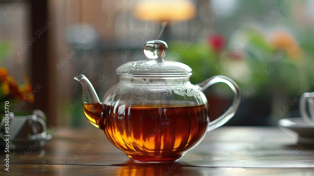 Transparent glass teapot. Fogged glass, blurred background