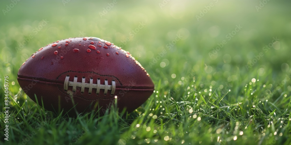 Obraz premium An American football sits on a grassy field covered with dew drops, captured in the early morning light, emphasizing the start of a new day full of potential.
