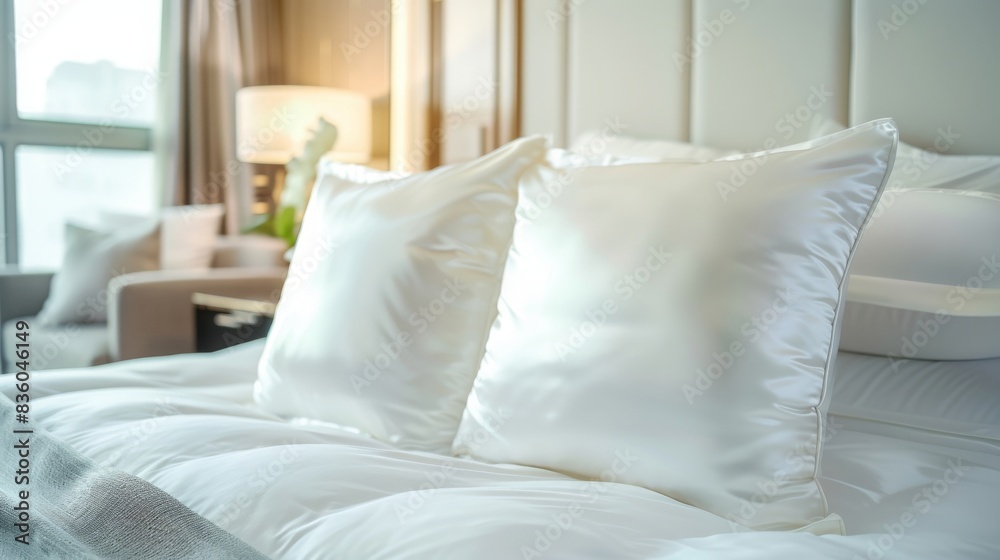 Luxurious bedroom with white silk pillows and soft lighting, creating an inviting and elegant atmosphere. Concept of comfort, luxury, and relaxation.
Luxurious bedroom with white silk pillows and soft lighting, creating an inviting and elegant atmosphere. Concept of comfort, luxury, and relaxation.