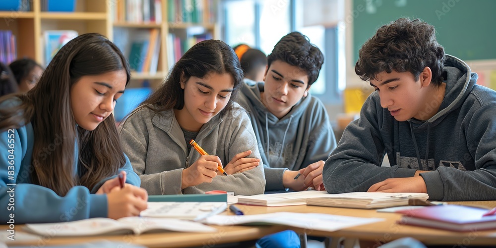 Four teenagers sitting together in a classroom, intently focused on their schoolwork, depicting a scene of teamwork, dedication, and academic pursuit within an educational environment. Four teenagers sitting together in a classroom, intently focused on their schoolwork, depicting a scene of teamwork, dedication, and academic pursuit within an educational environment.