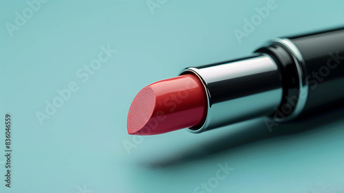 Red lipstick. Close-up of a red lipstick against a blue background. The lipstick is in focus, with a blurred background. photo