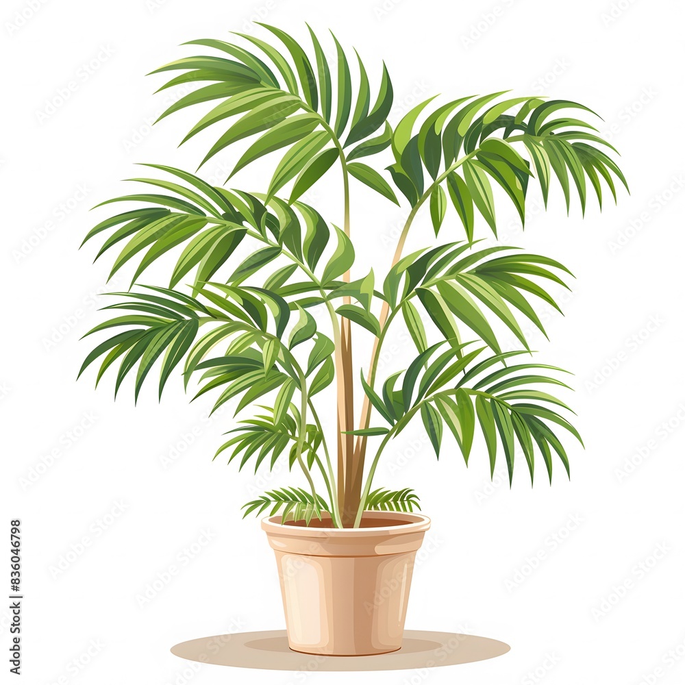palm tree in a pot illustration with green and beige colors on white background

