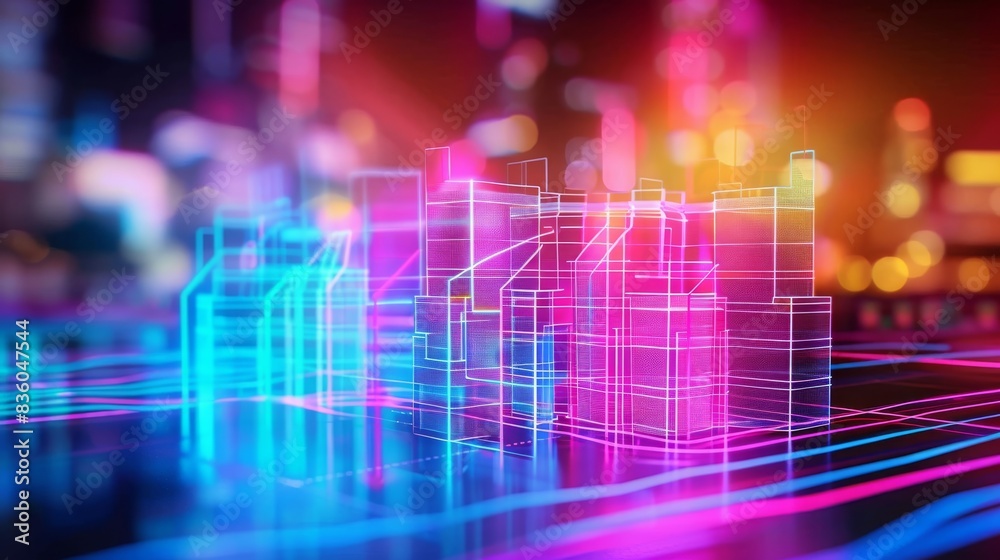 Abstract digital representation of a cityscape with neon lights and wireframe buildings, capturing the essence of modern urban life. Concept of technology, innovation, and future.
Abstract digital representation of a cityscape with neon lights and wireframe buildings, capturing the essence of modern urban life. Concept of technology, innovation, and future.