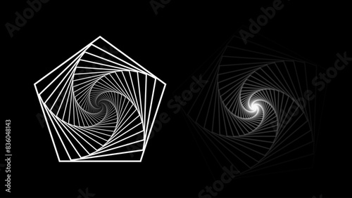 Abstract Circular Geometric Pentagon Shape. Lines Spiral Design. Round Dynamic Shape. Vortex Lines Vector Illustration. Black and White Minimal Style Geometric Design.