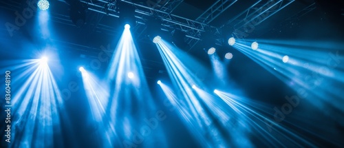 Blue stage lights at a concert ,An empty theater stage with blue lights and smoke photo