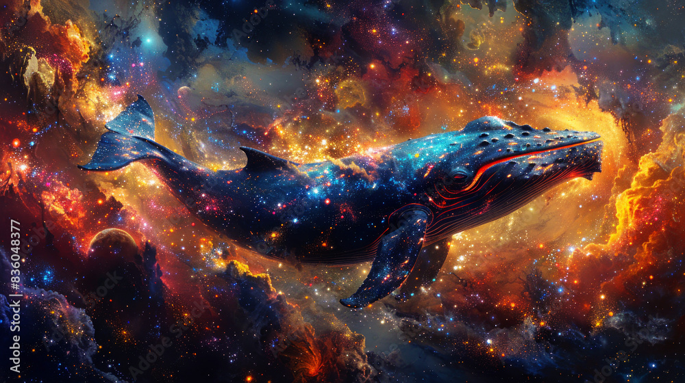 Cosmic whale made of stars and energy strings, symbol of rich cryptocurrency owner Cosmic whale made of stars and energy strings, symbol of rich cryptocurrency owner
