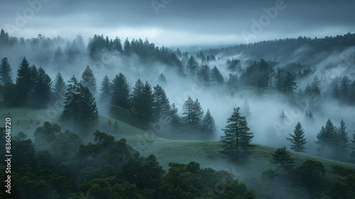 Hills covered with forest  dense fog  overcast  gloomy depressive weather