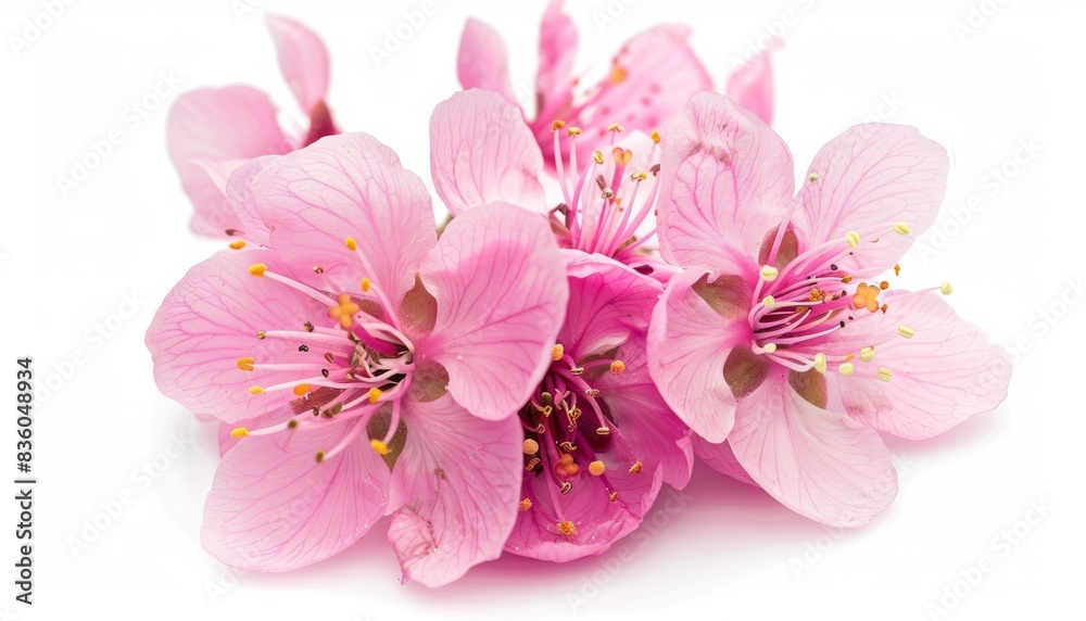 Blooming Beauty: Stunning Almond Pink Flowers Captured in Macro Closeup on White Background Blooming Beauty: Stunning Almond Pink Flowers Captured in Macro Closeup on White Background