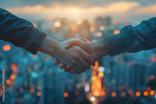 Two people shaking hands against a city skyline at dusk, symbolizing partnership, agreement, and success in a professional urban setting.