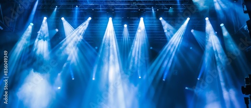 Blue stage lights at a concert ,An empty theater stage with blue lights and smoke