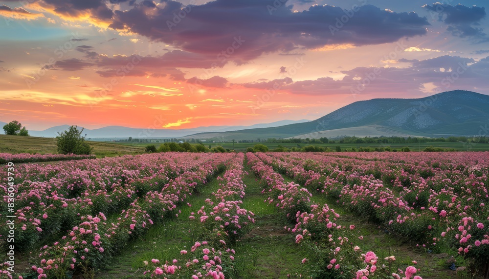 Enchanting Sunset: Captivating Views of the Pink Rose Valley in Bulgaria Enchanting Sunset: Captivating Views of the Pink Rose Valley in Bulgaria