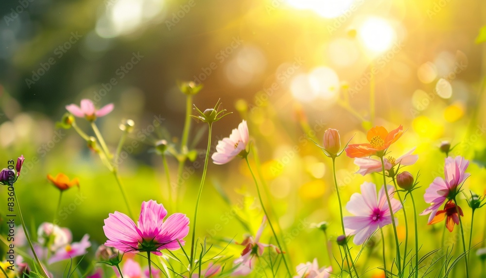 Enchanting Springtime: The Vibrant Cosmos Garden and Lush Green Landscape under Sunlight Enchanting Springtime: The Vibrant Cosmos Garden and Lush Green Landscape under Sunlight